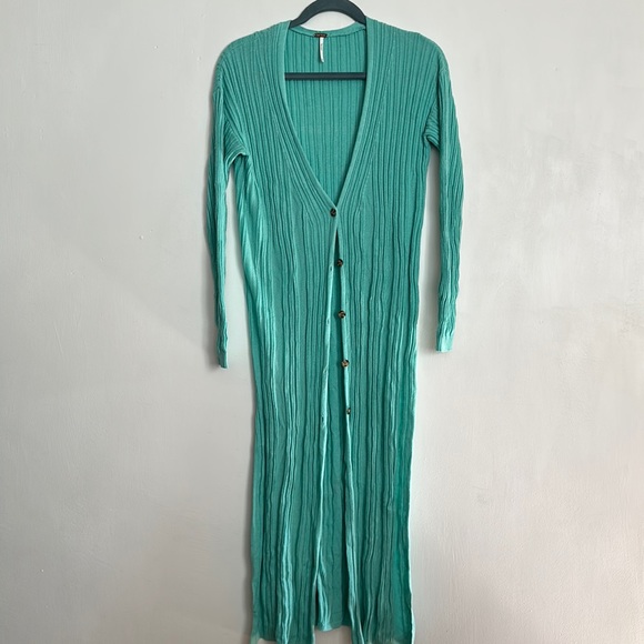 Free People Skinny Light Torquoise Ribbed Maxi Cardigan - Picture 4 of 6